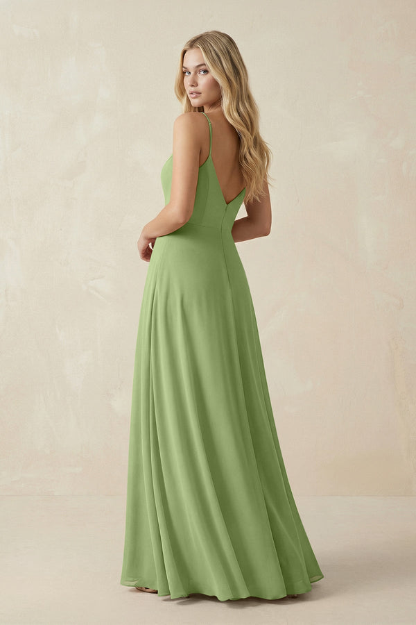 Cami Strap A-Line Chiffon Bridesmaid Dress with Slit in Matcha - KissProm BRIDESMAID DRESSES