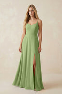 Cami Strap A-Line Chiffon Bridesmaid Dress with Slit in Matcha - KissProm BRIDESMAID DRESSES