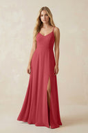 Cami Strap A-Line Chiffon Bridesmaid Dress with Slit in Merlot - KissProm BRIDESMAID DRESSES