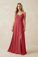 Cami Strap A-Line Chiffon Bridesmaid Dress with Slit in Merlot - KissProm BRIDESMAID DRESSES