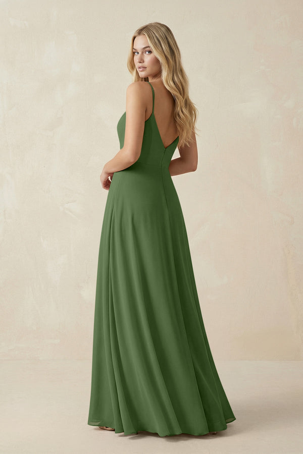 Cami Strap A-Line Chiffon Bridesmaid Dress with Slit in Moss - KissProm BRIDESMAID DRESSES