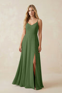 Cami Strap A-Line Chiffon Bridesmaid Dress with Slit in Moss - KissProm BRIDESMAID DRESSES