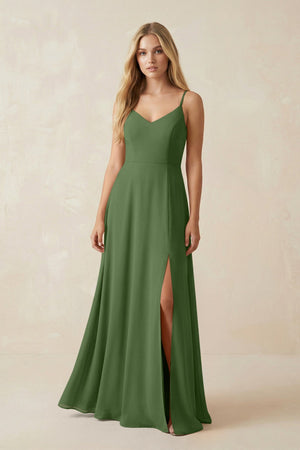 Cami Strap A-Line Chiffon Bridesmaid Dress with Slit in Moss - KissProm BRIDESMAID DRESSES