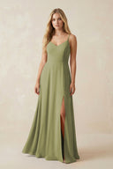 Cami Strap A-Line Chiffon Bridesmaid Dress with Slit in Moss Green - KissProm BRIDESMAID DRESSES