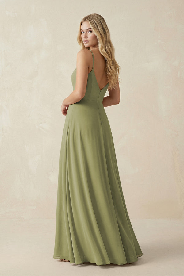 Cami Strap A-Line Chiffon Bridesmaid Dress with Slit in Moss Green - KissProm BRIDESMAID DRESSES