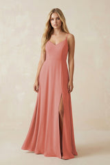 Cami Strap A-Line Chiffon Bridesmaid Dress with Slit in Mulberry - KissProm BRIDESMAID DRESSES