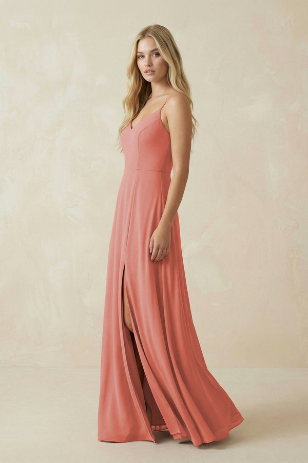 Cami Strap A-Line Chiffon Bridesmaid Dress with Slit in Mulberry - KissProm BRIDESMAID DRESSES