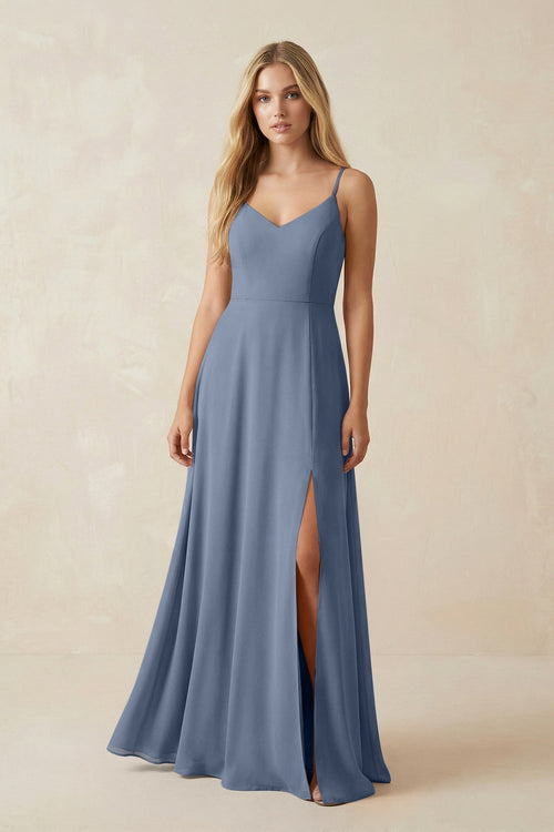 Cami Strap A-Line Chiffon Bridesmaid Dress with Slit in Neptune - KissProm BRIDESMAID DRESSES