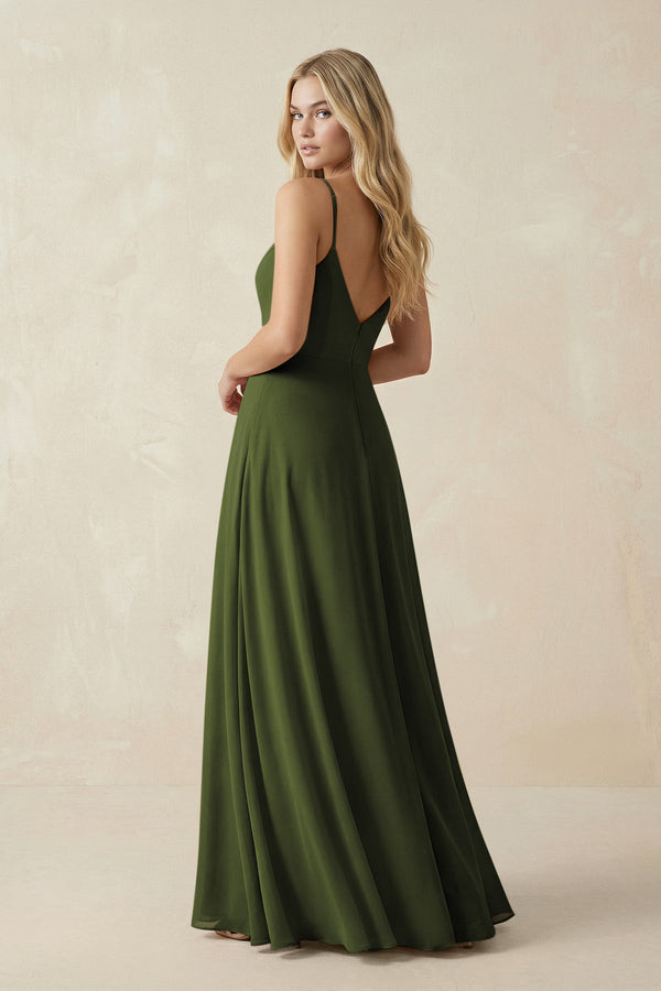 Cami Strap A-Line Chiffon Bridesmaid Dress with Slit in Olive - KissProm BRIDESMAID DRESSES