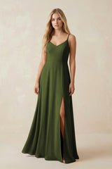 Cami Strap A-Line Chiffon Bridesmaid Dress with Slit in Olive - KissProm BRIDESMAID DRESSES