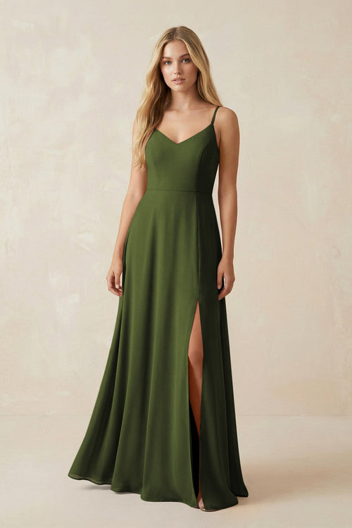 Cami Strap A-Line Chiffon Bridesmaid Dress with Slit in Olive - KissProm BRIDESMAID DRESSES
