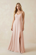 Cami Strap A-Line Chiffon Bridesmaid Dress with Slit in Pale Blush - KissProm BRIDESMAID DRESSES