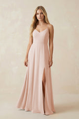 Cami Strap A-Line Chiffon Bridesmaid Dress with Slit in Pale Blush - KissProm BRIDESMAID DRESSES