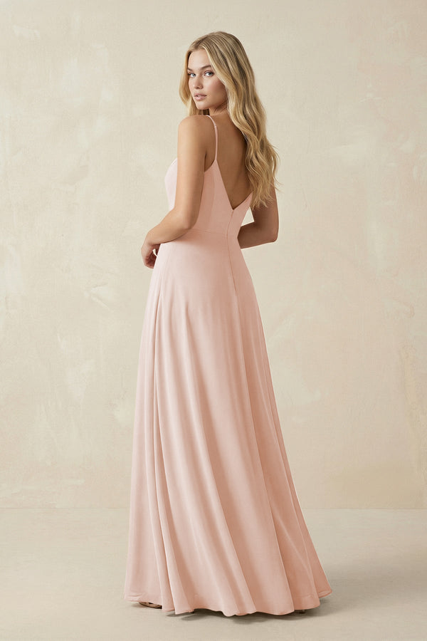 Cami Strap A-Line Chiffon Bridesmaid Dress with Slit in Pale Blush - KissProm BRIDESMAID DRESSES