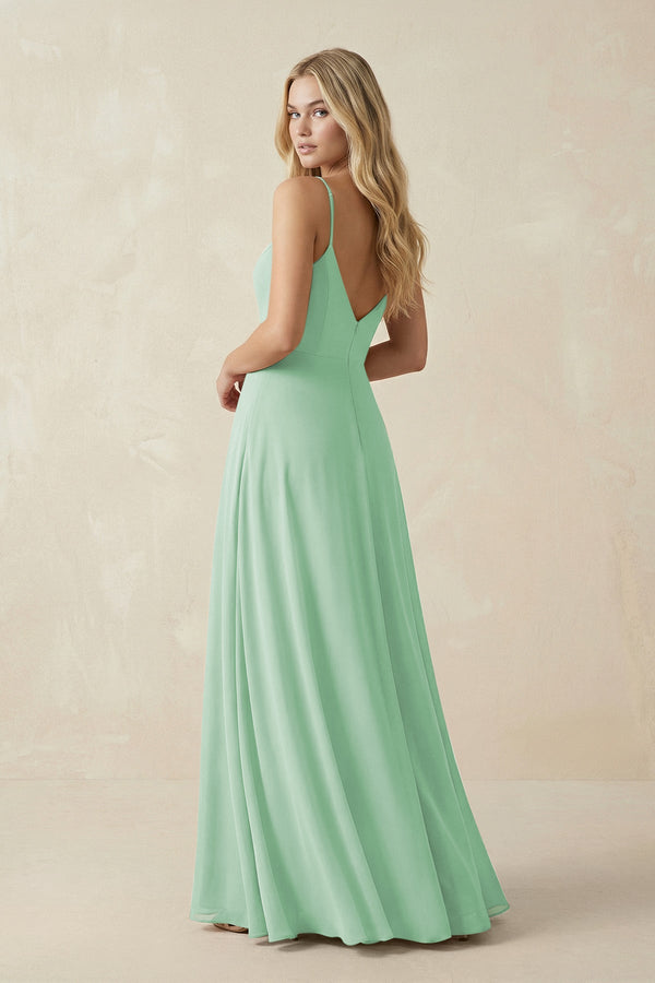 Cami Strap A-Line Chiffon Bridesmaid Dress with Slit in Pale Pistachio - KissProm BRIDESMAID DRESSES