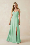 Cami Strap A-Line Chiffon Bridesmaid Dress with Slit in Pale Pistachio - KissProm BRIDESMAID DRESSES