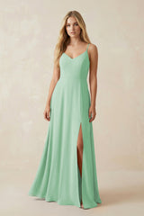 Cami Strap A-Line Chiffon Bridesmaid Dress with Slit in Pale Pistachio - KissProm BRIDESMAID DRESSES