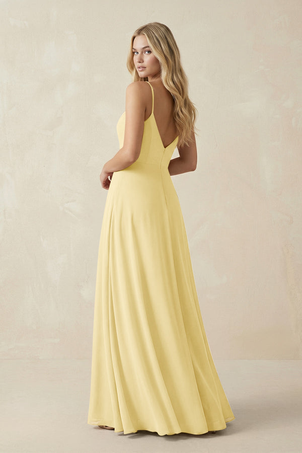 Cami Strap A-Line Chiffon Bridesmaid Dress with Slit in Pastel Yellow - KissProm BRIDESMAID DRESSES