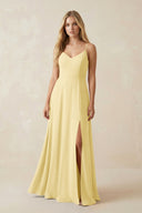 Cami Strap A-Line Chiffon Bridesmaid Dress with Slit in Pastel Yellow - KissProm BRIDESMAID DRESSES