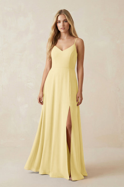 Cami Strap A-Line Chiffon Bridesmaid Dress with Slit in Pastel Yellow - KissProm BRIDESMAID DRESSES
