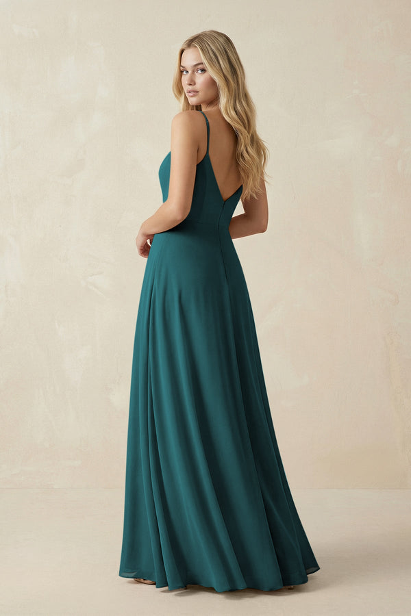 Cami Strap A-Line Chiffon Bridesmaid Dress with Slit in Pine - KissProm BRIDESMAID DRESSES