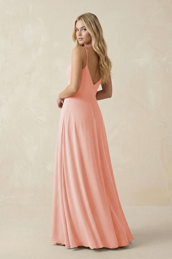 Cami Strap A-Line Chiffon Bridesmaid Dress with Slit in Rose Petal - KissProm BRIDESMAID DRESSES