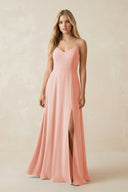 Cami Strap A-Line Chiffon Bridesmaid Dress with Slit in Rose Petal - KissProm BRIDESMAID DRESSES