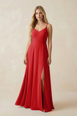 Cami Strap A-Line Chiffon Bridesmaid Dress with Slit in Ruby Red - KissProm BRIDESMAID DRESSES