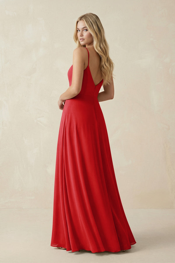Cami Strap A-Line Chiffon Bridesmaid Dress with Slit in Ruby Red - KissProm BRIDESMAID DRESSES