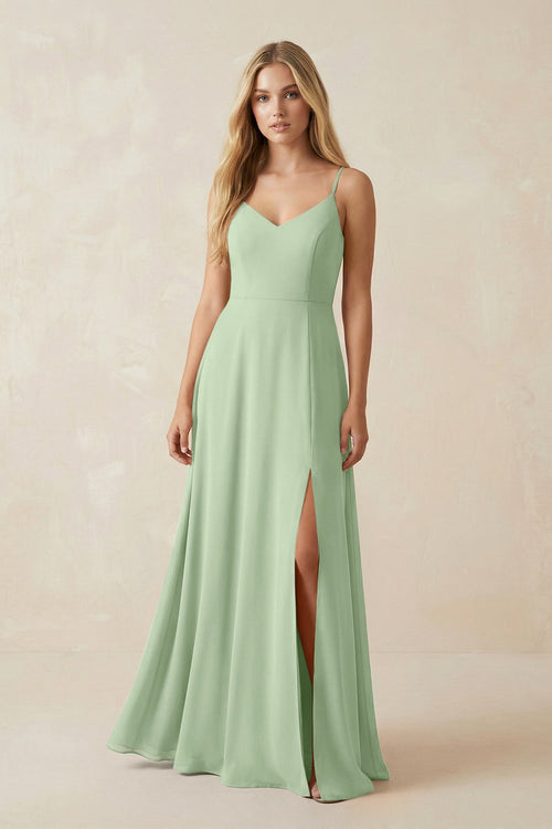 Cami Strap A-Line Chiffon Bridesmaid Dress with Slit in Sage - KissProm BRIDESMAID DRESSES