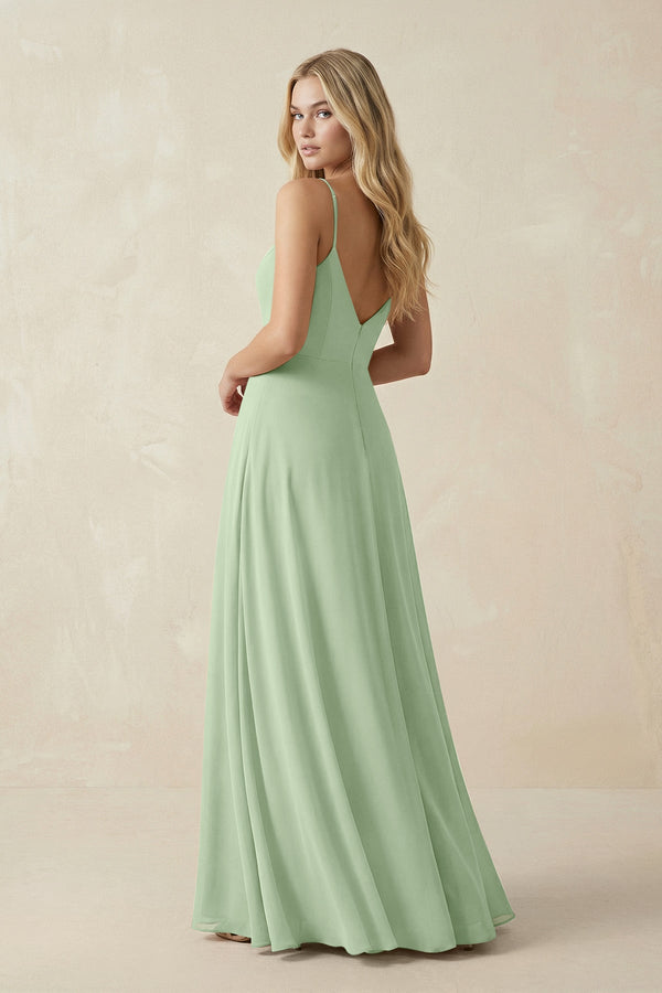 Cami Strap A-Line Chiffon Bridesmaid Dress with Slit in Sage - KissProm BRIDESMAID DRESSES