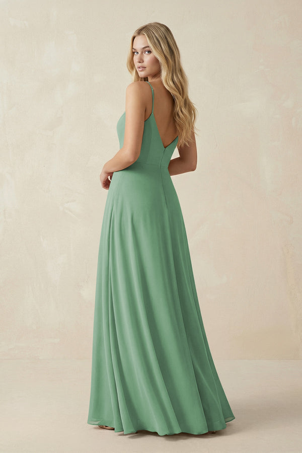 Cami Strap A-Line Chiffon Bridesmaid Dress with Slit in Sea Glass - KissProm BRIDESMAID DRESSES