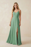 Cami Strap A-Line Chiffon Bridesmaid Dress with Slit in Sea Glass - KissProm BRIDESMAID DRESSES