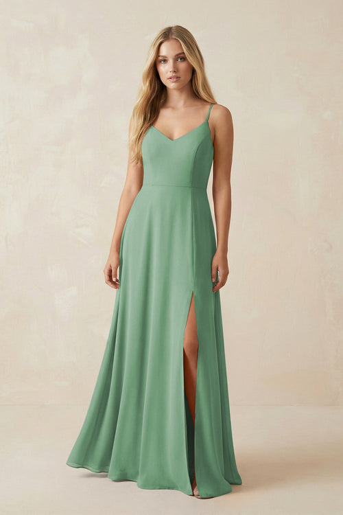 Cami Strap A-Line Chiffon Bridesmaid Dress with Slit in Sea Glass - KissProm BRIDESMAID DRESSES
