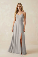 Cami Strap A-Line Chiffon Bridesmaid Dress with Slit in Silver - KissProm BRIDESMAID DRESSES