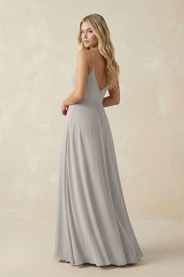 Cami Strap A-Line Chiffon Bridesmaid Dress with Slit in Silver - KissProm BRIDESMAID DRESSES