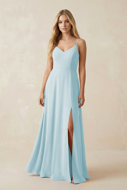Cami Strap A-Line Chiffon Bridesmaid Dress with Slit in Sky Blue - KissProm BRIDESMAID DRESSES