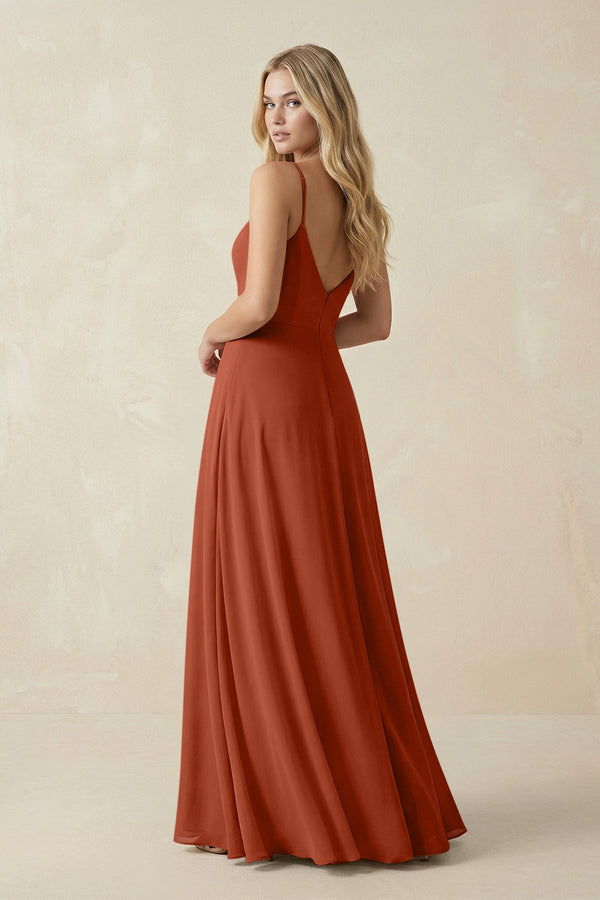 Cami Strap A-Line Chiffon Bridesmaid Dress with Slit in Spice - KissProm BRIDESMAID DRESSES