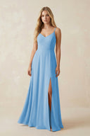 Cami Strap A-Line Chiffon Bridesmaid Dress with Slit in Steel Blue - KissProm BRIDESMAID DRESSES