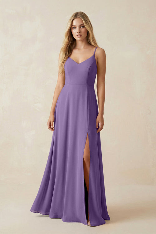 Cami Strap A-Line Chiffon Bridesmaid Dress with Slit in Tahiti - KissProm BRIDESMAID DRESSES