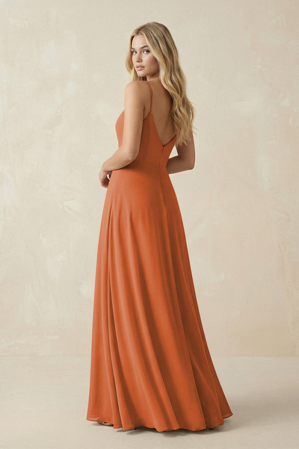 Cami Strap A-Line Chiffon Bridesmaid Dress with Slit in Terracotta - KissProm BRIDESMAID DRESSES