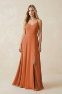Cami Strap A-Line Chiffon Bridesmaid Dress with Slit in Terracotta - KissProm BRIDESMAID DRESSES