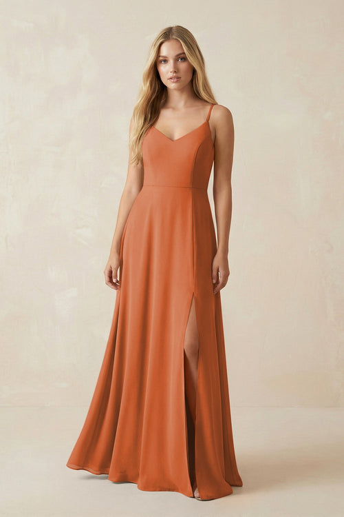 Cami Strap A-Line Chiffon Bridesmaid Dress with Slit in Terracotta - KissProm BRIDESMAID DRESSES