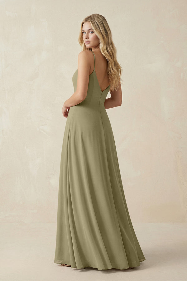 Cami Strap A-Line Chiffon Bridesmaid Dress with Slit in Thyme - KissProm BRIDESMAID DRESSES