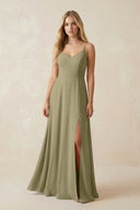 Cami Strap A-Line Chiffon Bridesmaid Dress with Slit in Thyme - KissProm BRIDESMAID DRESSES