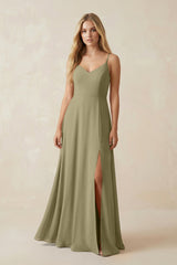 Cami Strap A-Line Chiffon Bridesmaid Dress with Slit in Thyme - KissProm BRIDESMAID DRESSES