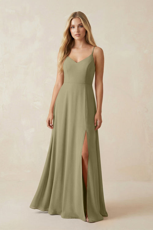 Cami Strap A-Line Chiffon Bridesmaid Dress with Slit in Thyme - KissProm BRIDESMAID DRESSES