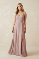 Cami Strap A-Line Chiffon Bridesmaid Dress with Slit in Toffee - KissProm BRIDESMAID DRESSES