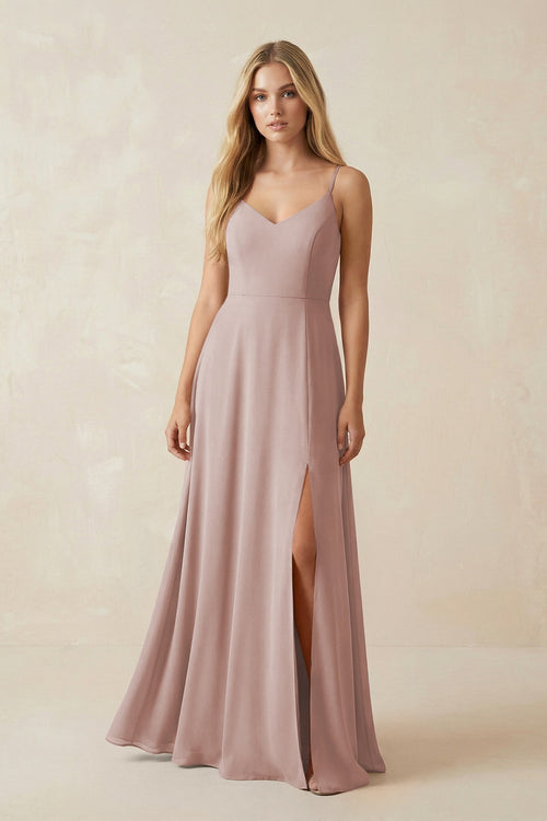 Cami Strap A-Line Chiffon Bridesmaid Dress with Slit in Toffee - KissProm BRIDESMAID DRESSES