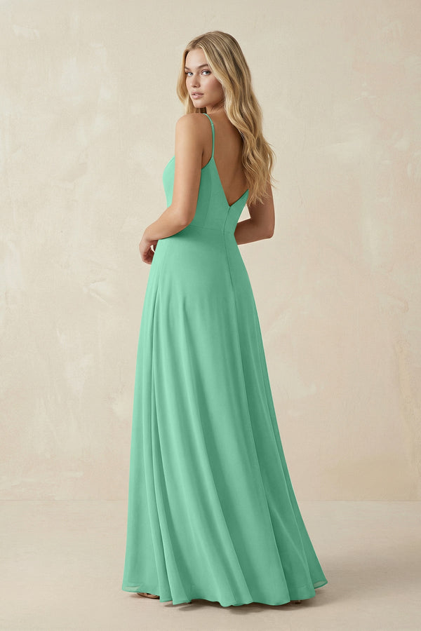 Cami Strap A-Line Chiffon Bridesmaid Dress with Slit in Turquoise - KissProm BRIDESMAID DRESSES